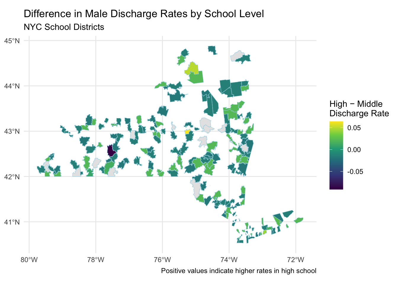 Static choropleth map of New York City school districts shaded by the difference between high school and middle school male discharge rates.